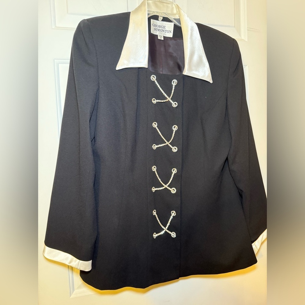George Simonton Black Rhinestone Cross Detail Blazer Jacket Sz 14 Satin Collar